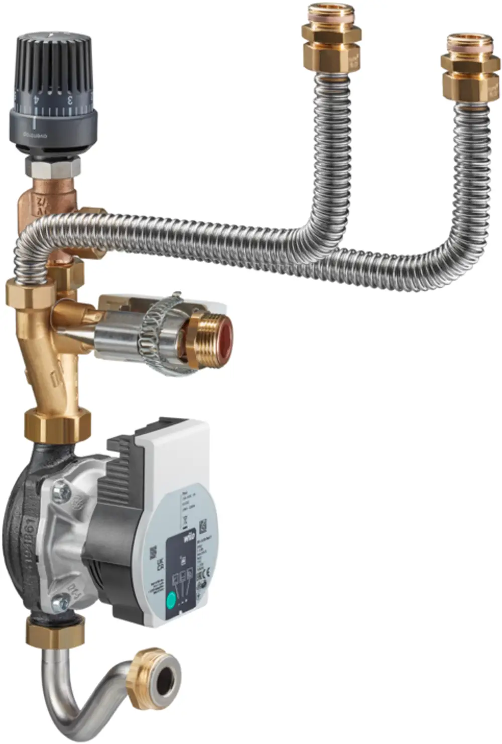 Vorlauftemperaturregelmodul mit Pumpe, bestehend aus zwei Anschlussleitungen und einem Regelventil. Oventrop-Pumpe zur Temperaturregelung in Flächenheizungen.